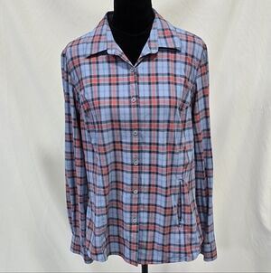 Duluth Trading Co women L vented back outdoor button up shirt plaid gorpcore